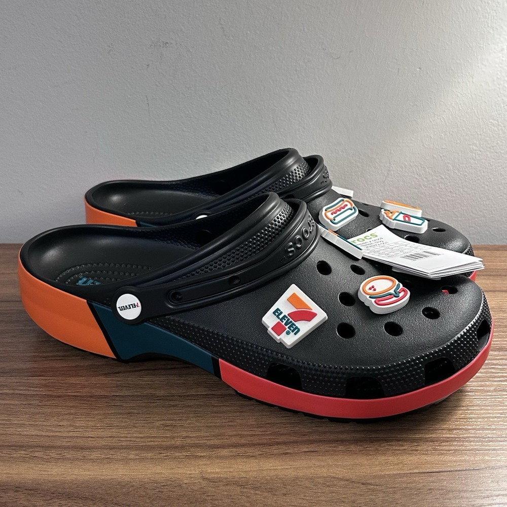 Crocs X 7-Eleven Classic Clog with Jibbitz Black Orange Green Size Men's 12 New